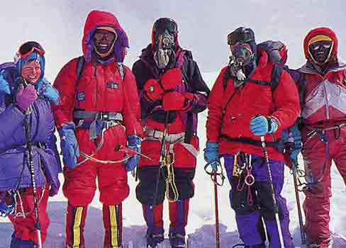 
Jan Arnold, Norbu Sherpa, Doug Mantle, Len Harvey, Ang Dorje Sherpa On Cho Oyu Summit September 26 1995 on an Adventure Consultants expedtion - Hall and Ball book
